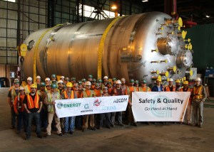 Greenberry's Bechtel team proudly stands in front of the completed complex, stainless steel vessel. The fabrication project was completed on time.