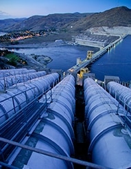Exterior view of Grand Coulee Dam from above the John Keys Pump Generation Plant intakes